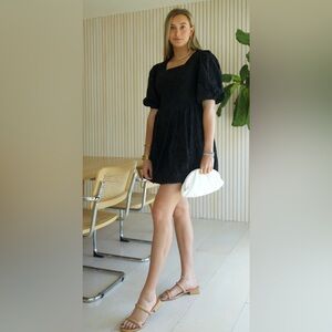 Beulah Eyelet bubble Hem Mini Dress fit flare Medium Black Puff Sleeves Romantic